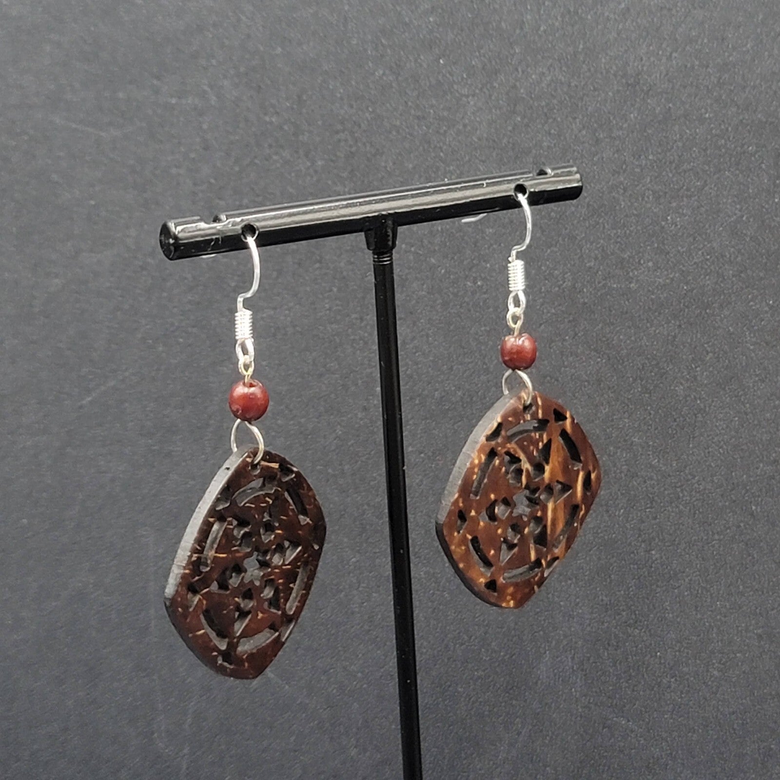 Pierced Earrings Silver tone Cut Coconut Bead Dangle 1.5"