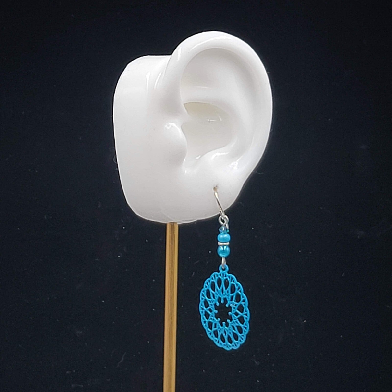 Blue Laser Cut Metal Open Work Pierced Earrings Bead Silver tone Dangle 1.75"