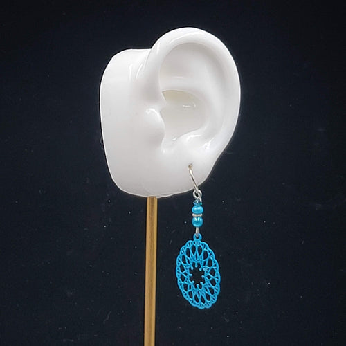 Blue Laser Cut Metal Open Work Pierced Earrings Bead Silver tone Dangle 1.75"