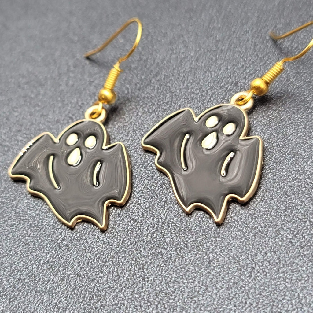 New Black Ghost Halloween Pierced Earrings Gold tone Enamel Dangle 1"