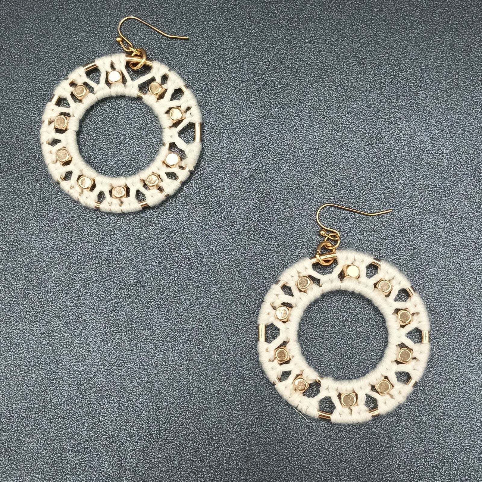 Pierced Earrings Gold tone Dangle Hoops White String Accents  Boho 2"