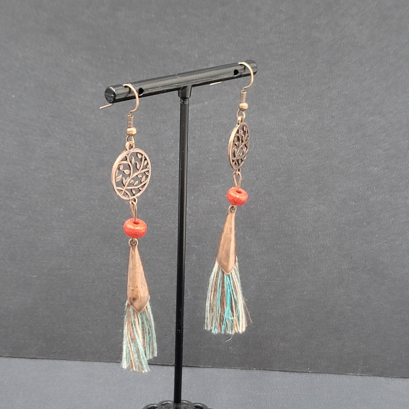 Pierced Earrings Copper tone Round Open Work Tassel Beaded Dangle 3"
