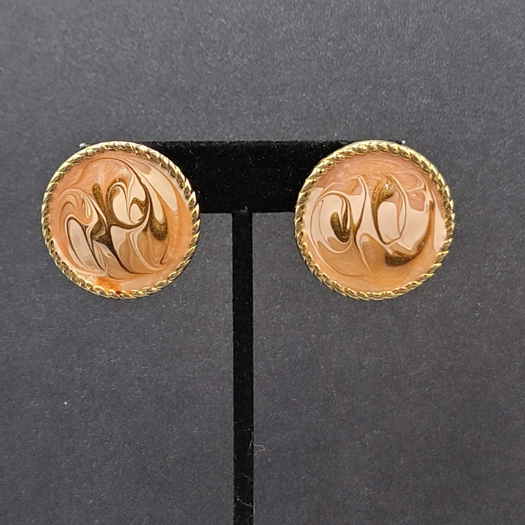 Vintage Clip on Earrings Gold tone Pink Enamel Swirl Round 1.5"
