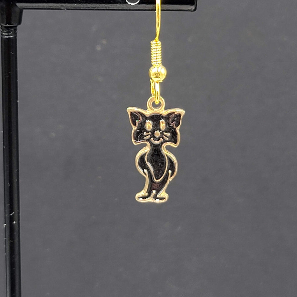 Cat Pierced Earrings Gold tone Black Enamel Dangle 3/4"