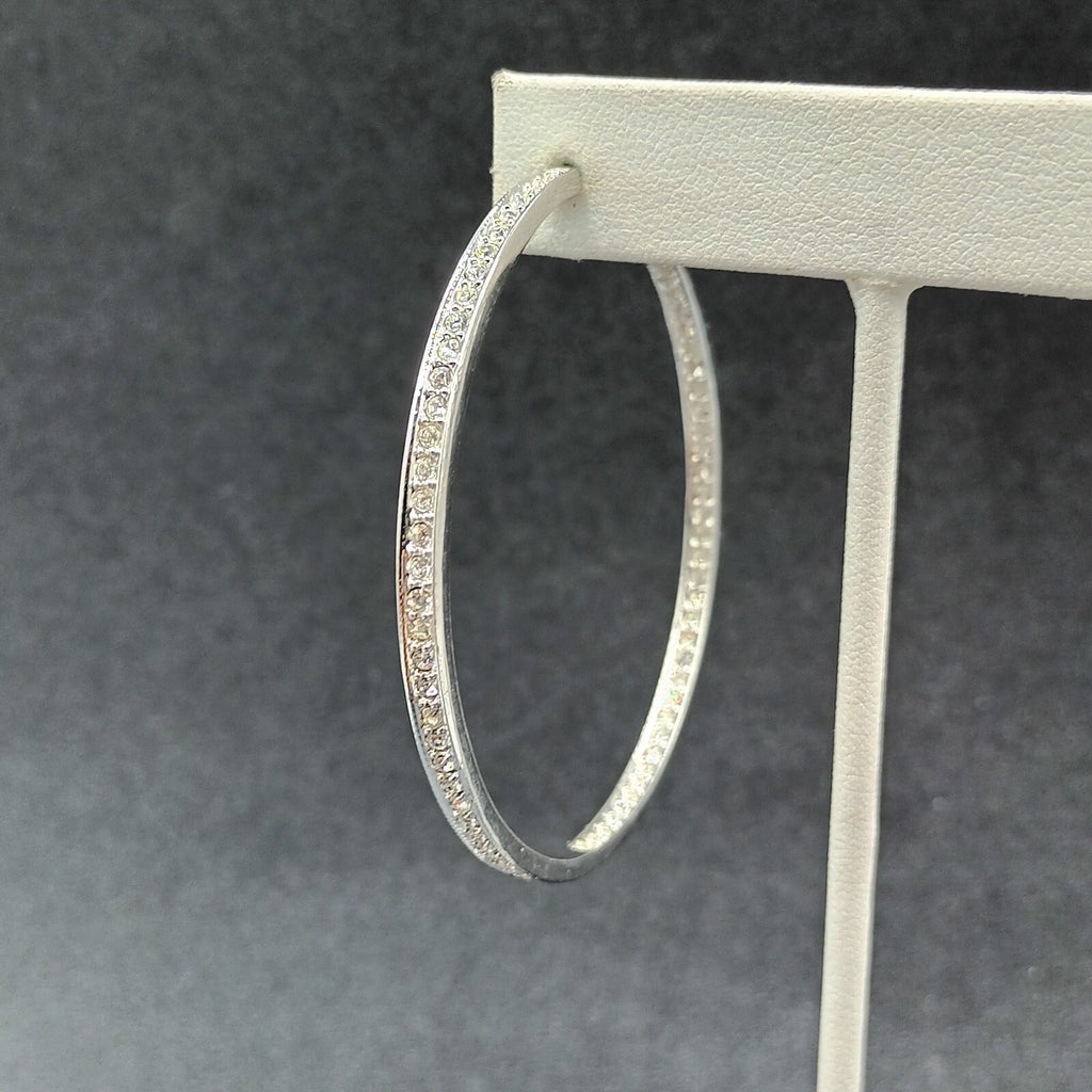 Pierced Earrings Silver tone Inside Outside Rhinestone Hoop 2 1/4"