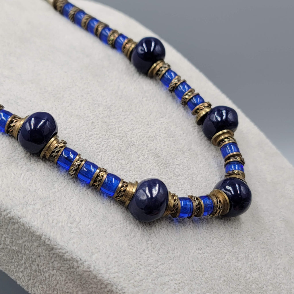 Vintage Ethnic Brass Blue Glass Bead Necklace 24" Estate Jewelry