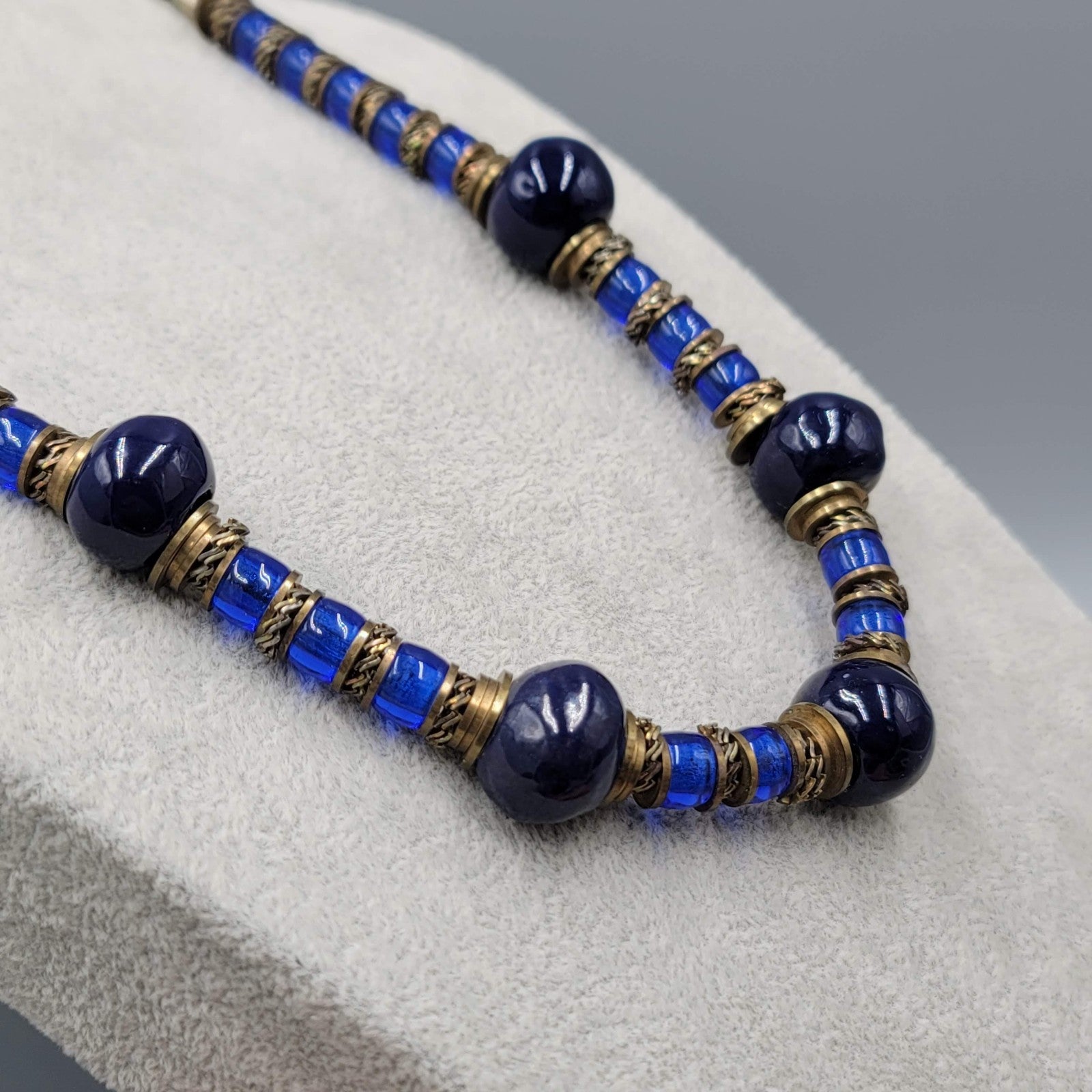 Vintage Ethnic Brass Blue Glass Bead Necklace 24" Estate Jewelry
