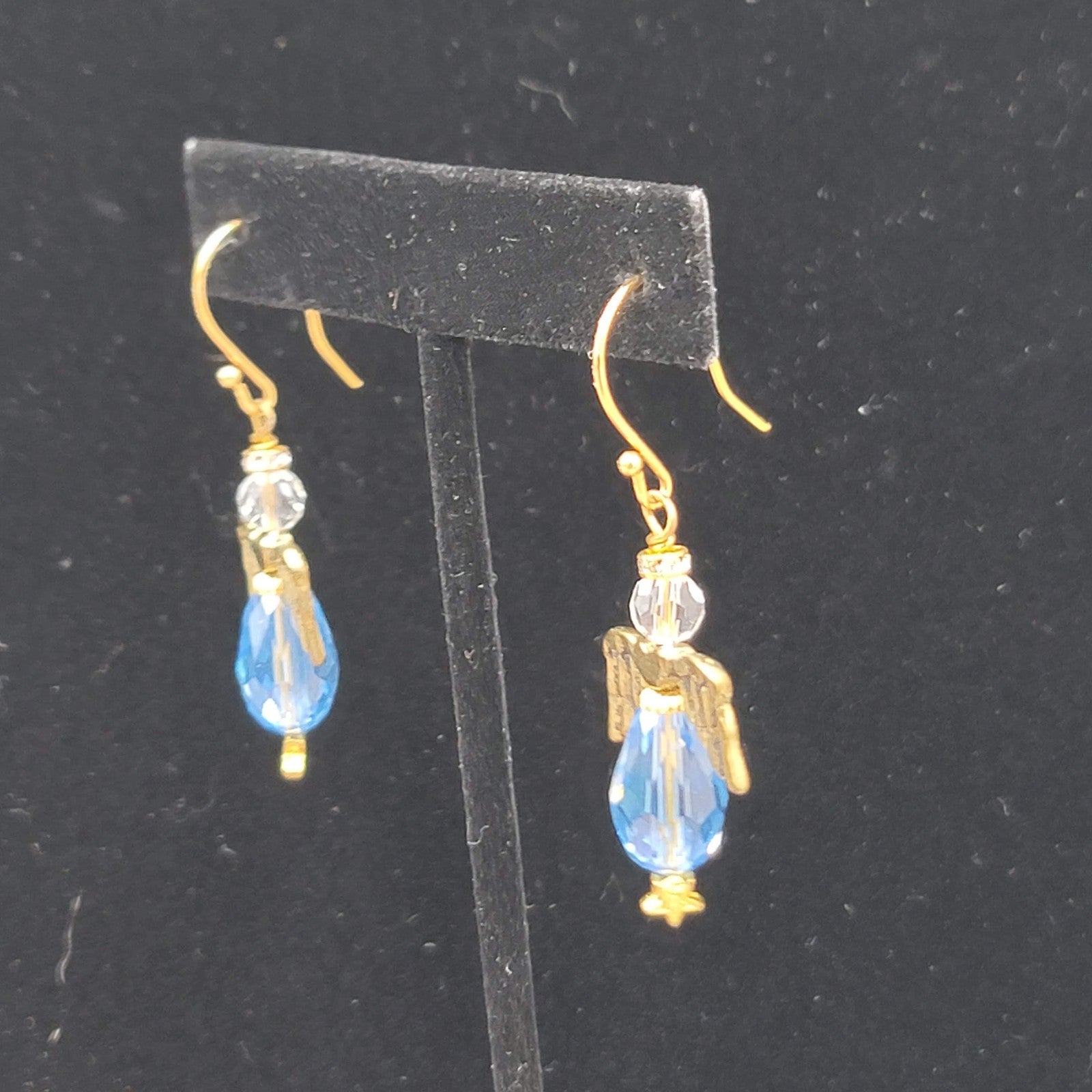 Angel Pierced Earrings Gold Tone Blue Glass Beads Dangle Hook 1.5"