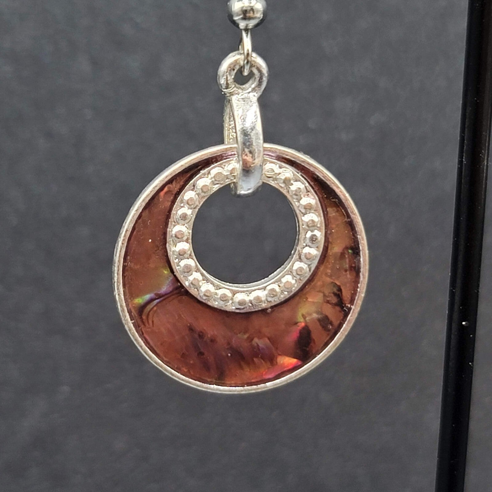 Pierced Earrings Silver tone Faux Abalone Dangle Open Circle 1"