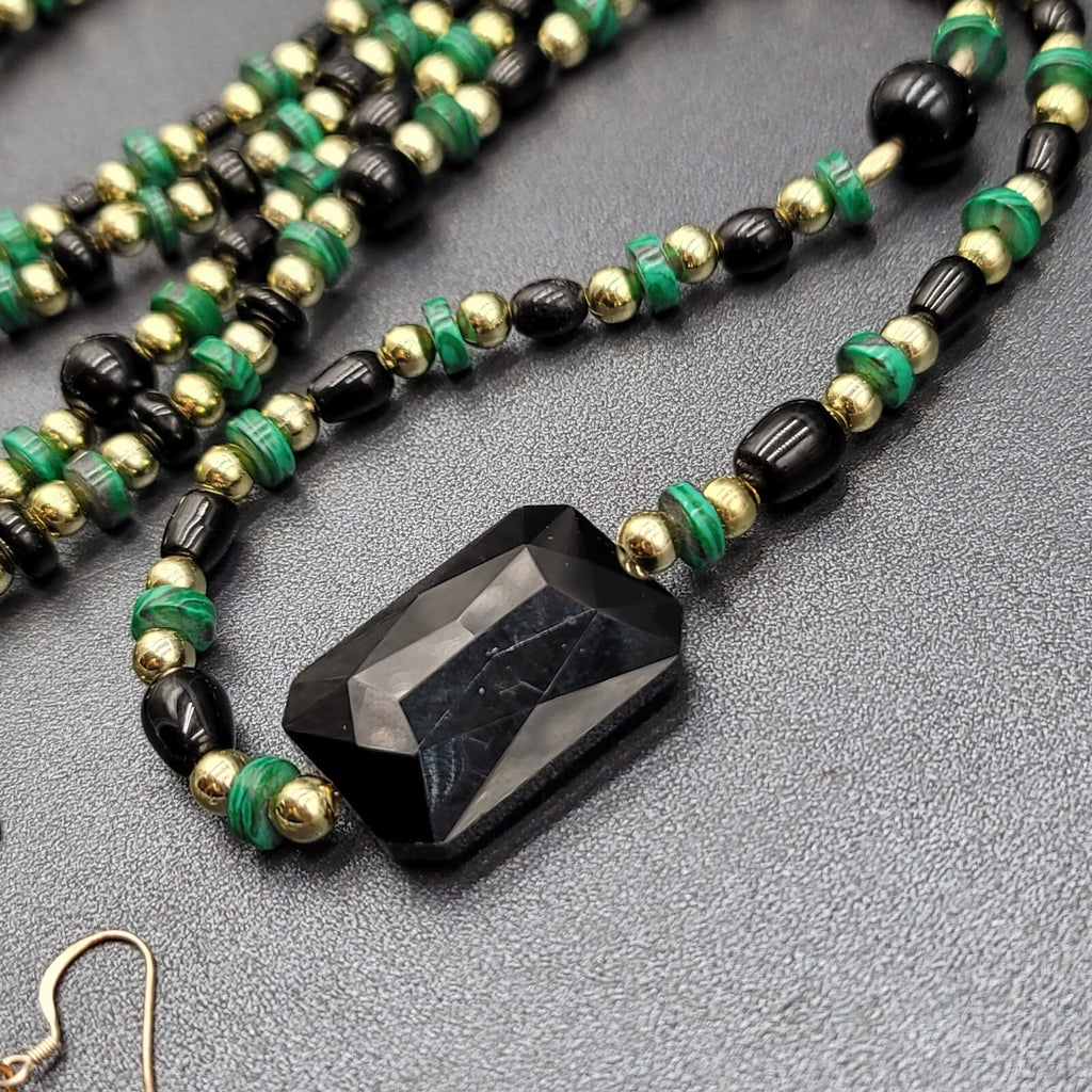 Beaded Necklace Gold tone Faux Malachite Bracelet Earrings Set Jewelry Set 52"