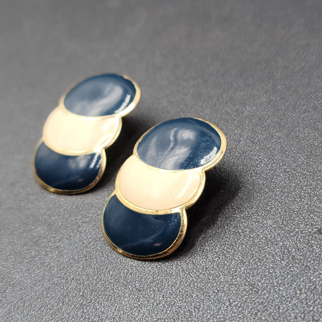 Vintage Pierced Earrings Navy Cream Enamel Drop 80's 1 3/8"