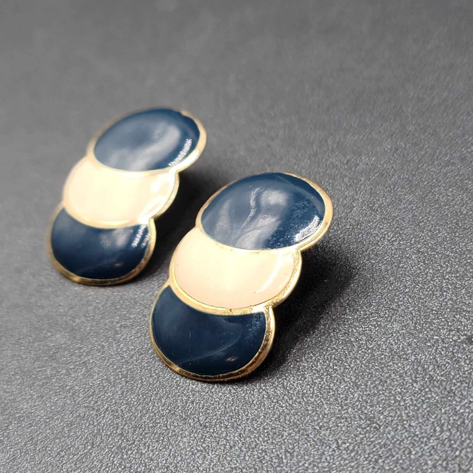 Vintage Pierced Earrings Navy Cream Enamel Drop 80's 1 3/8"