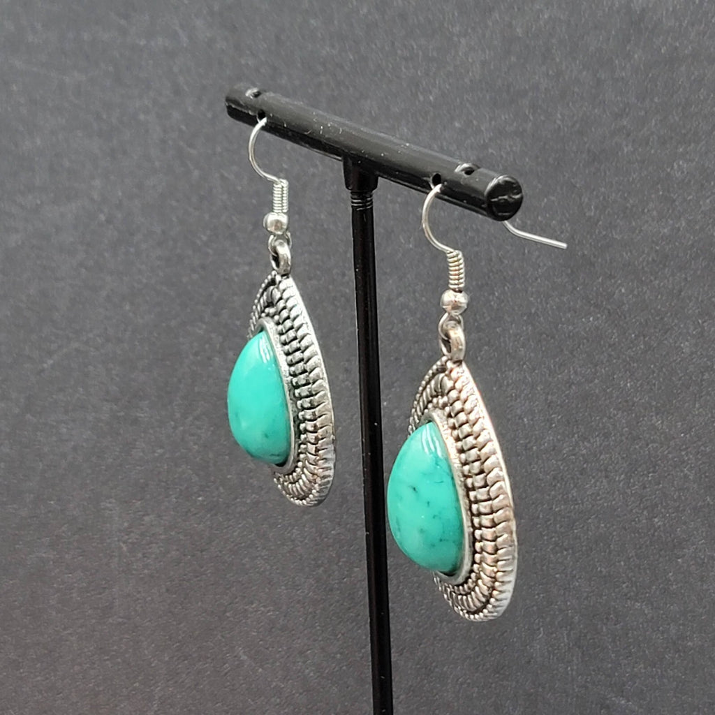 Pierced Earrings Silver tone Faux Resin Turquoise Blue Teardrop Dangle 1 3/8"