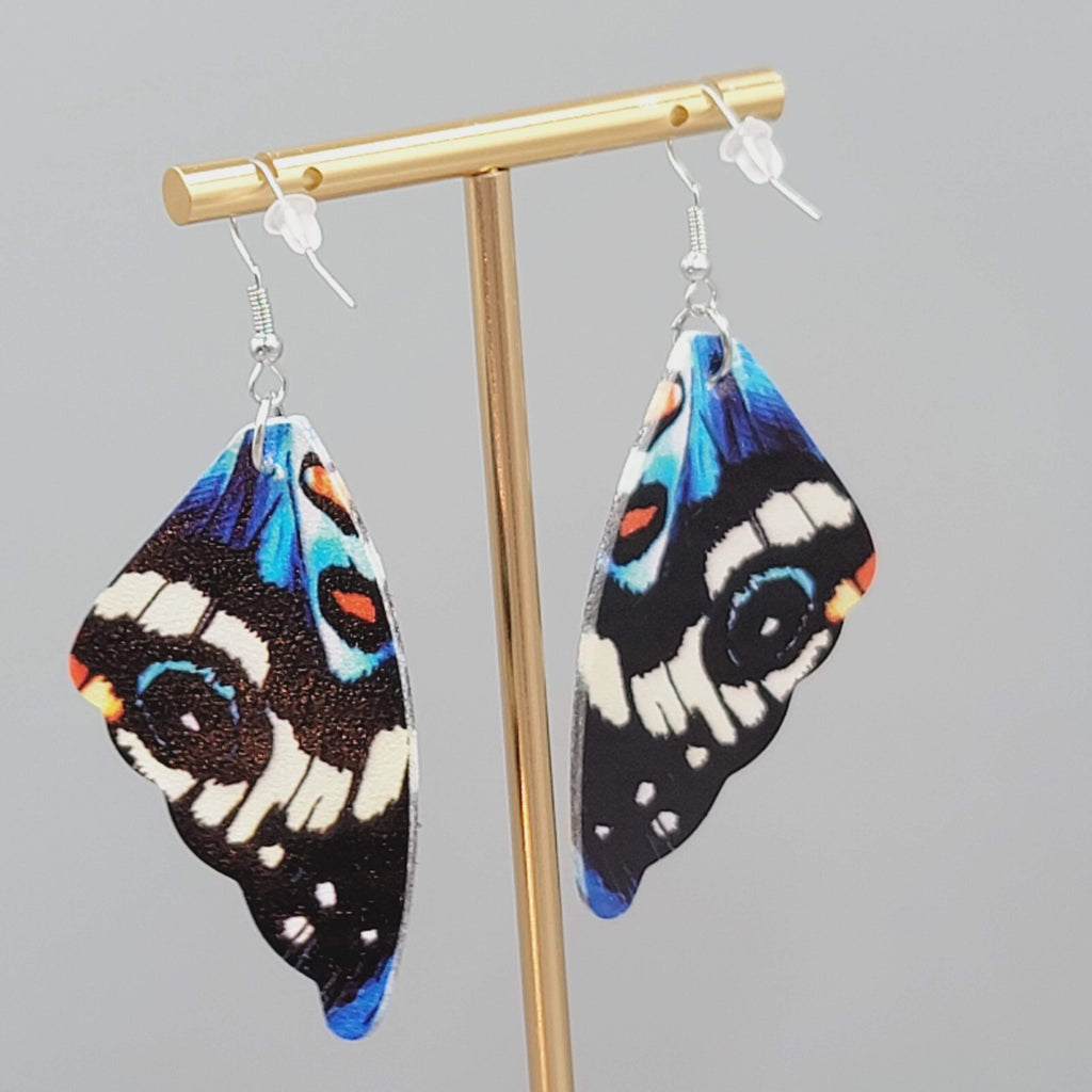 Butterfly Wing Pierced Earrings Blue  Statement Dangle 2.25"