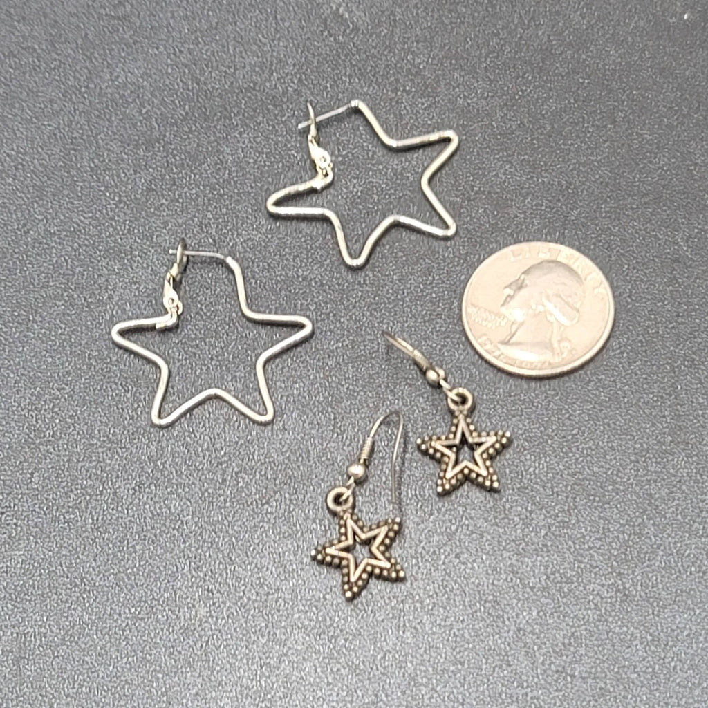 Lot of 2 Pierced Earrings Silver tone STARS Dangle Hoops