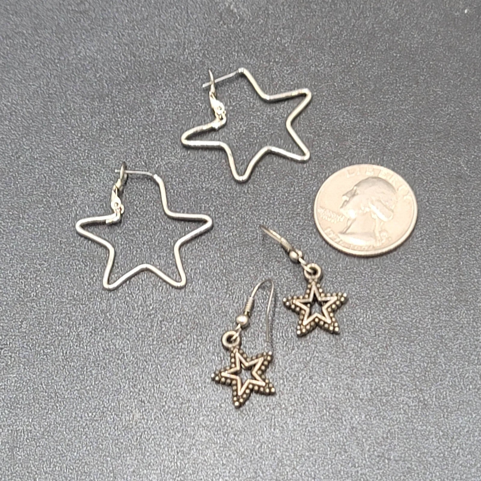 Lot of 2 Pierced Earrings Silver tone STARS Dangle Hoops