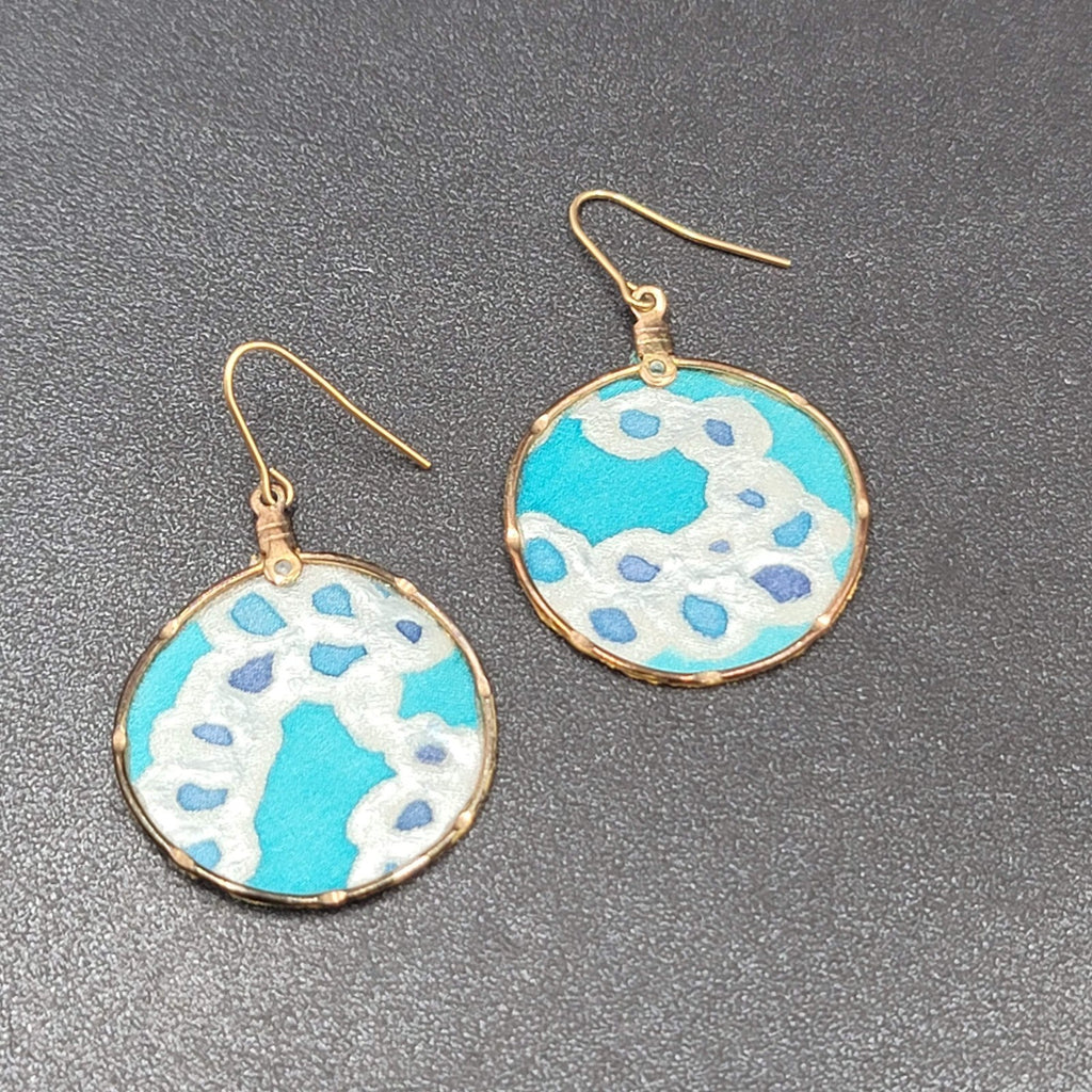 Pierced Earrings Hand Painted Silk Dangle Gold tone 1 3/8"
