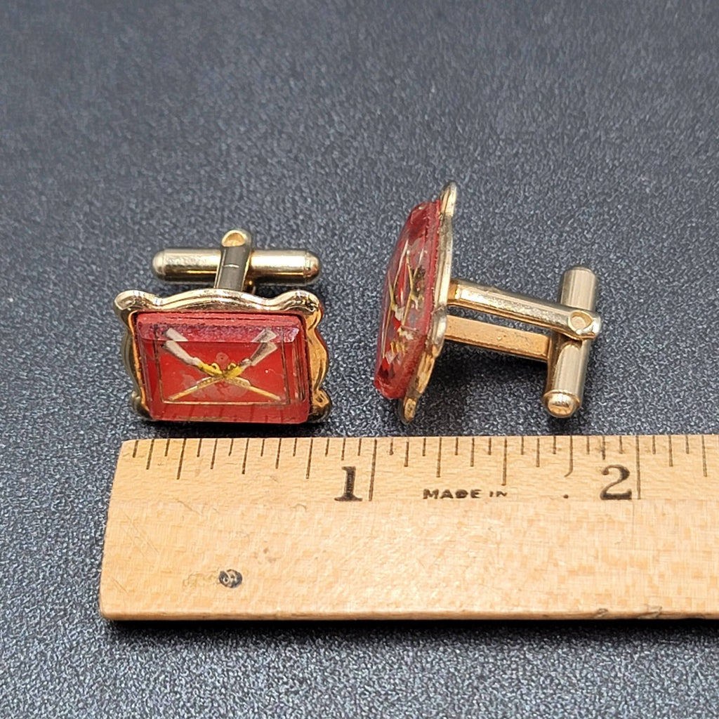 Crossed Rifle Long Gun Cufflinks Gold tone Red Resin Rectangle 3/4"