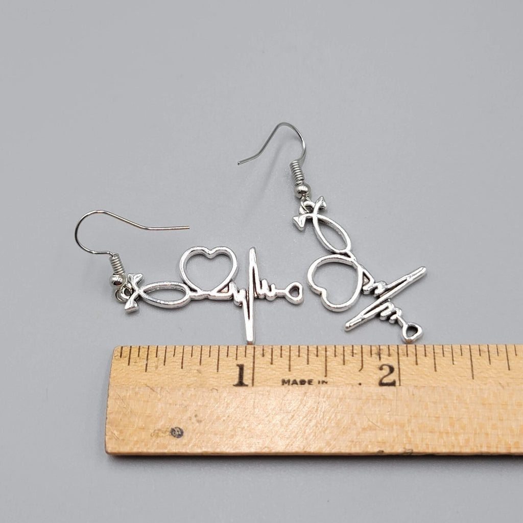 Medical Nurse Pierced Earrings Heart EKG ECG Silver tone Dangle 1.25"