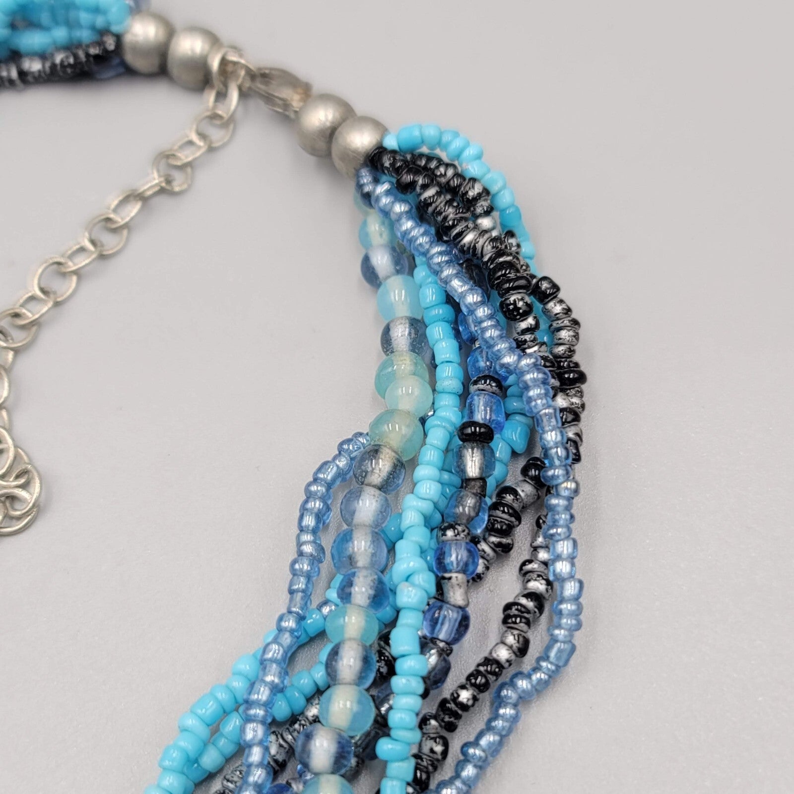 Multi Strand Blue Bead Twist Necklace Layered Silver tone 14"-17"