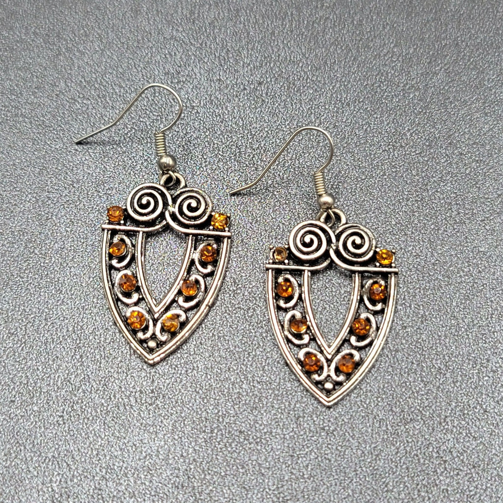 Pierced Earrings Silver tone Orange Rhinestone Dangle 1 3/8"