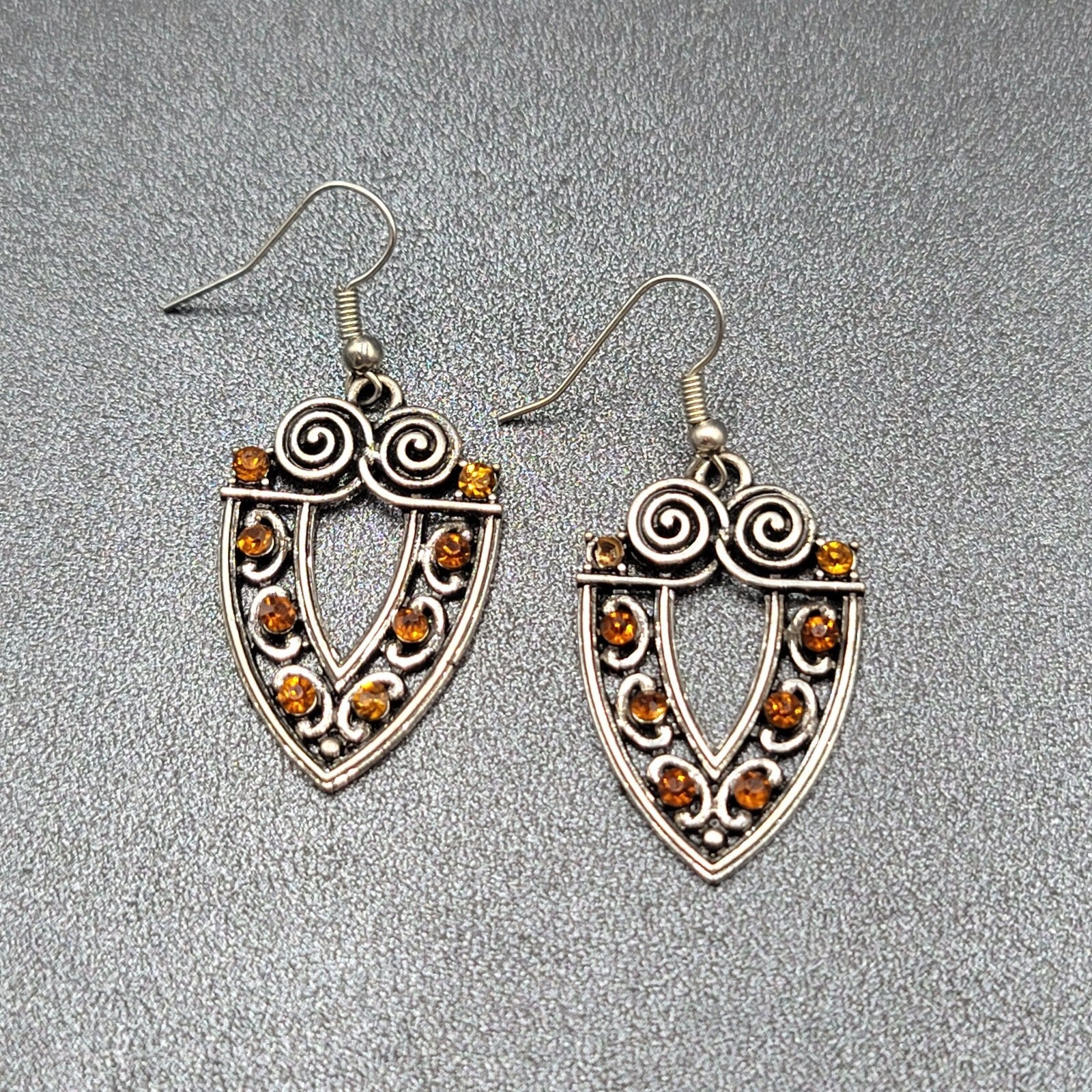 Pierced Earrings Silver tone Orange Rhinestone Dangle 1 3/8"