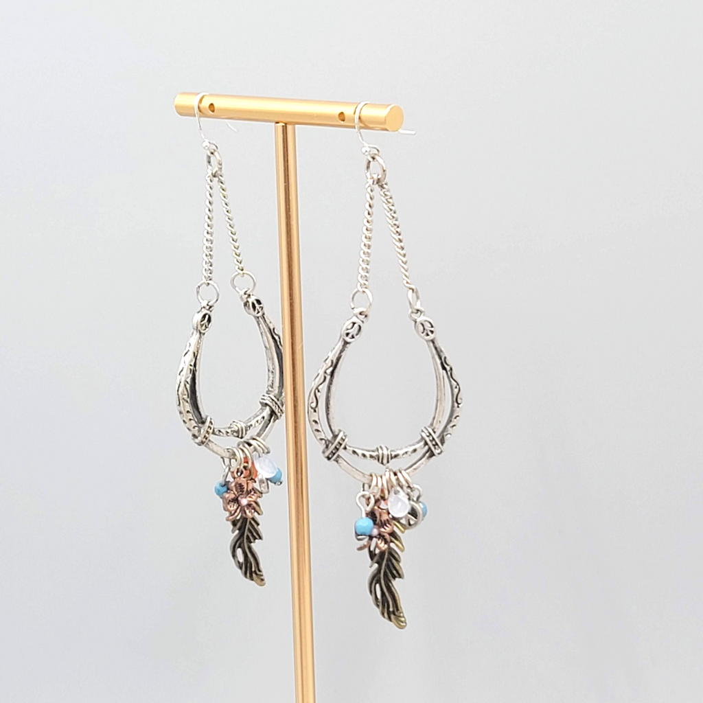 Boho Statement Charm Dangle Pierced Earrings Silver tone 3.5"