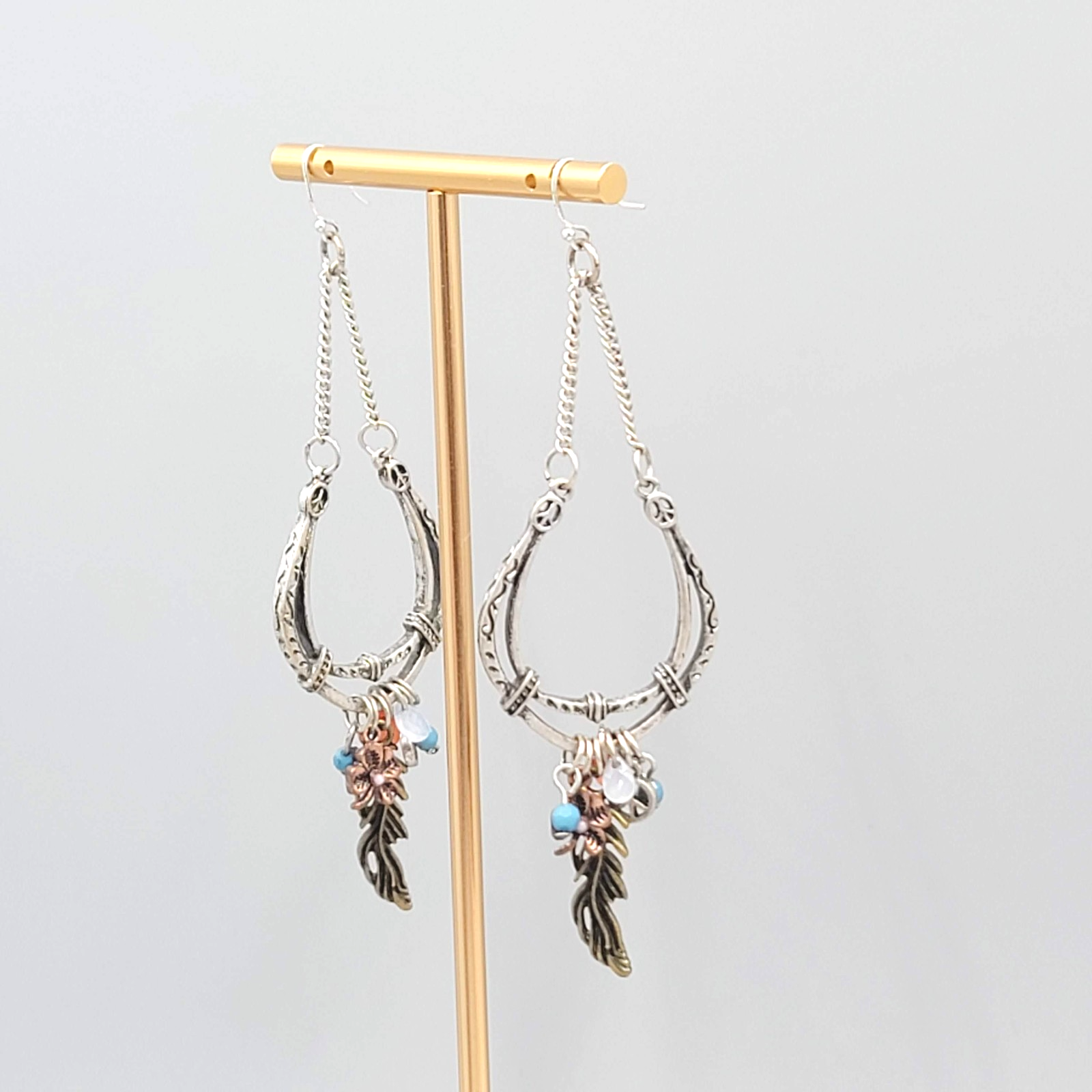 Boho Statement Charm Dangle Pierced Earrings Silver tone 3.5"