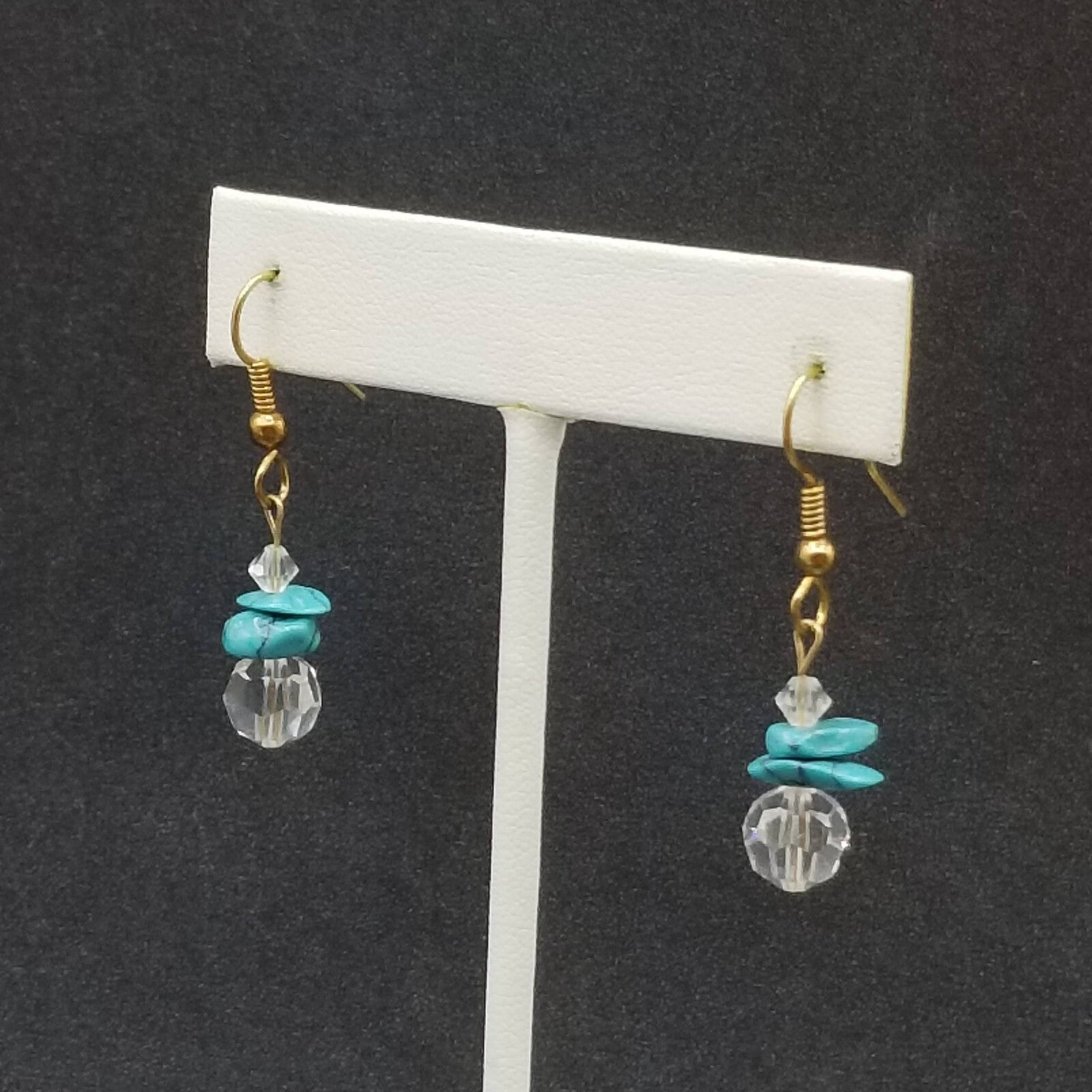 Pierced Earrings Gold tone Crystal Faceted Stone Turquoise Beaded Dangle 3/4"