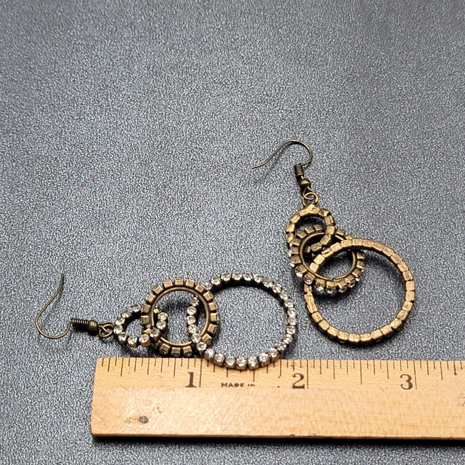 Pierced Earrings Bronze tone Concentric Circles Crystal Studded Dangle  2"