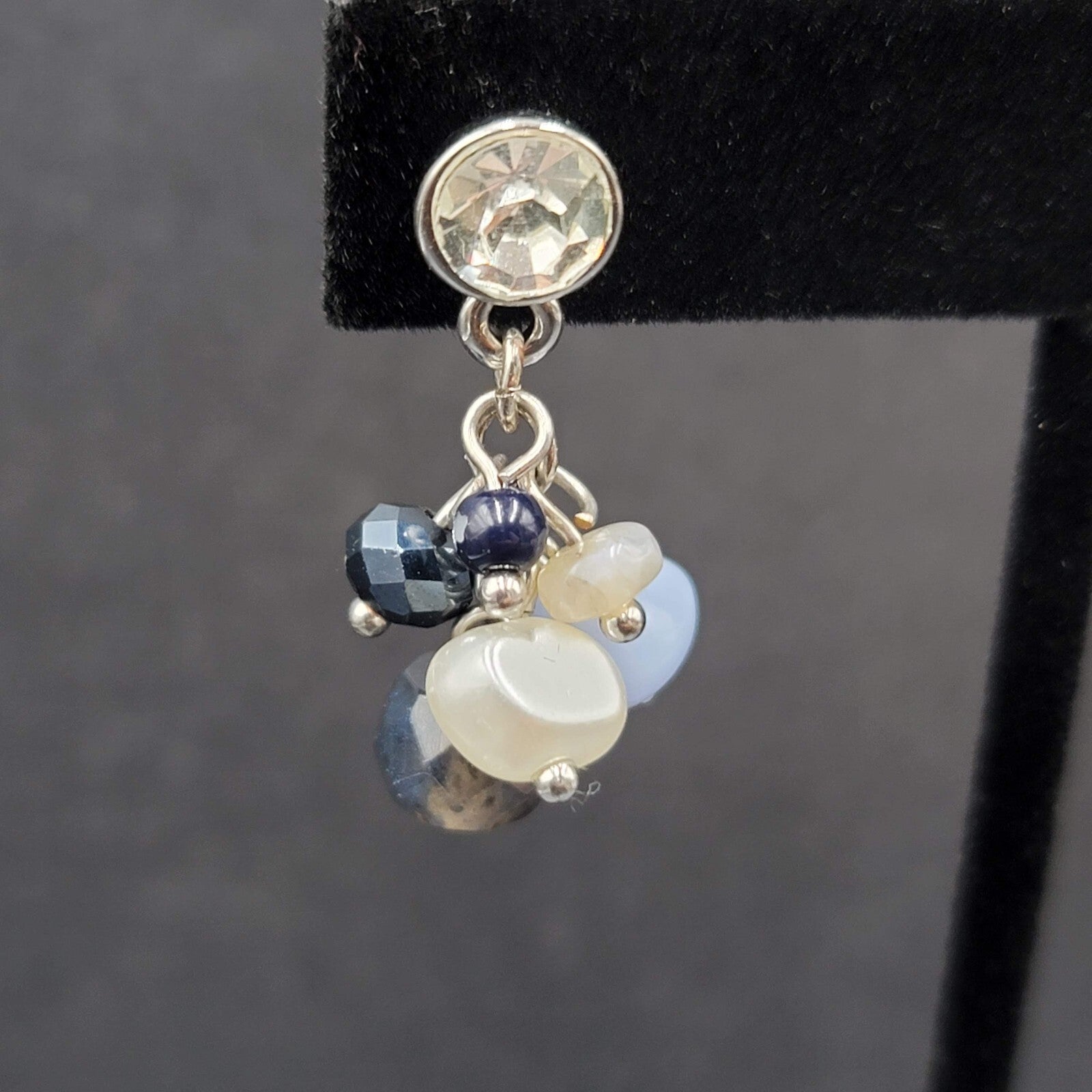 Pierced Earrings Silver tone Crystal Glass Pearl Beads Blues Dangle 1.25"