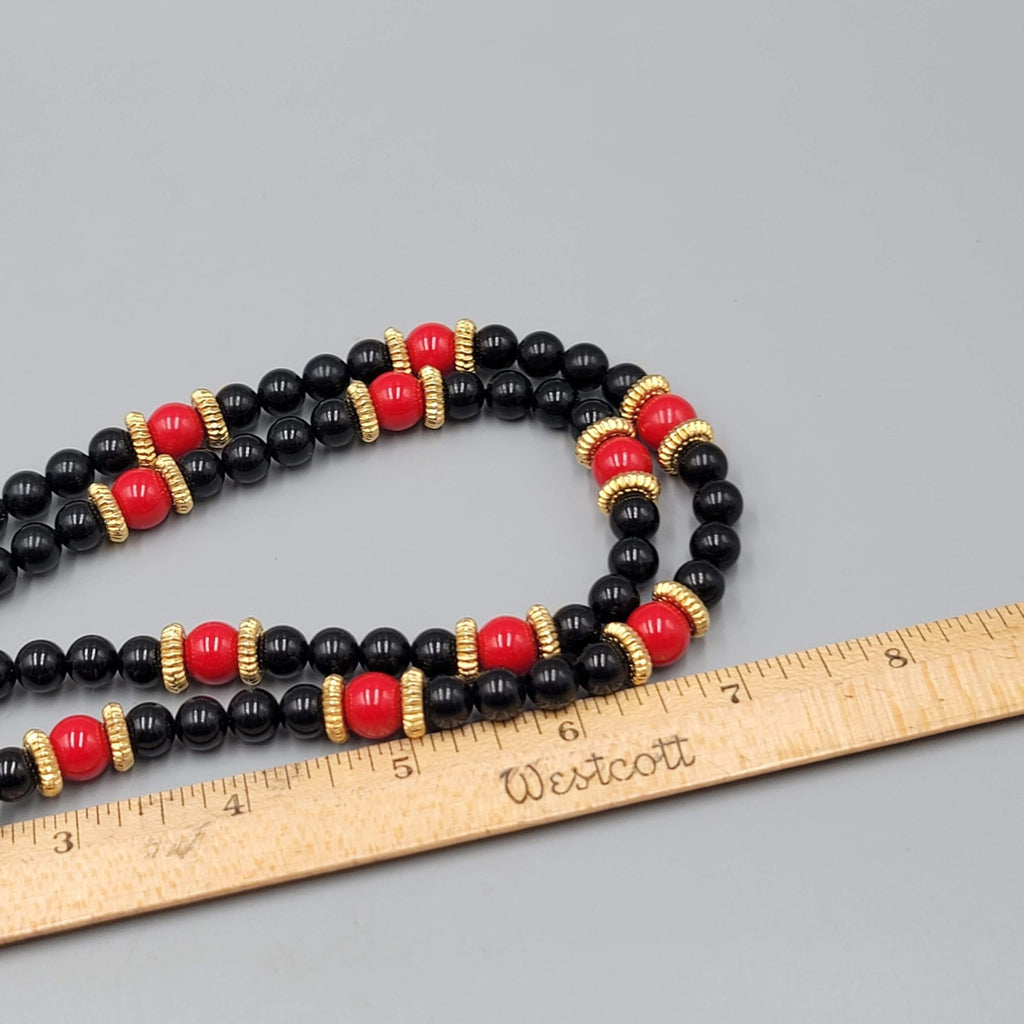 Vintage Black Red Bead Necklace Gold tone 32" Estate Costume Jewelry