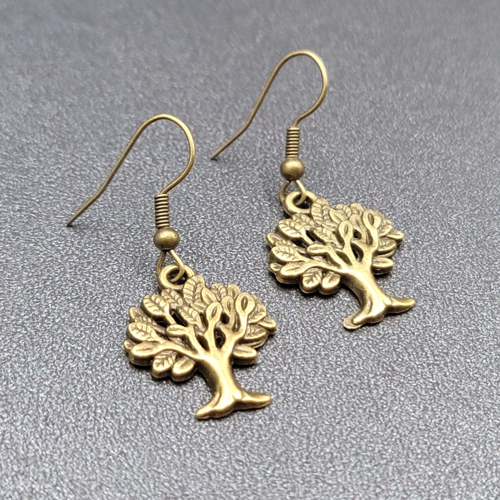 Tree Pierced Earrings Bronze tone Embossed Detail Dangle 7/8"