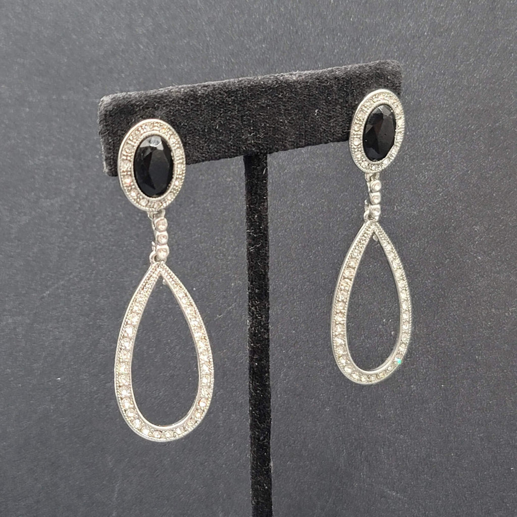 Pierced Earrings Silver tone Black Accent Crystal Rhinestones Dangle 2.5"