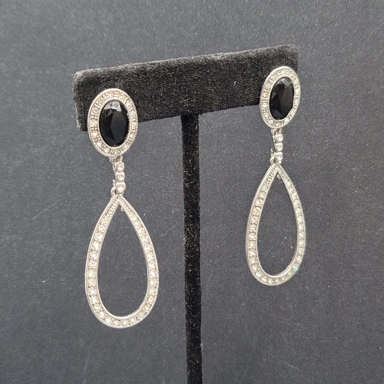 Pierced Earrings Silver tone Black Accent Crystal Rhinestones Dangle 2.5"