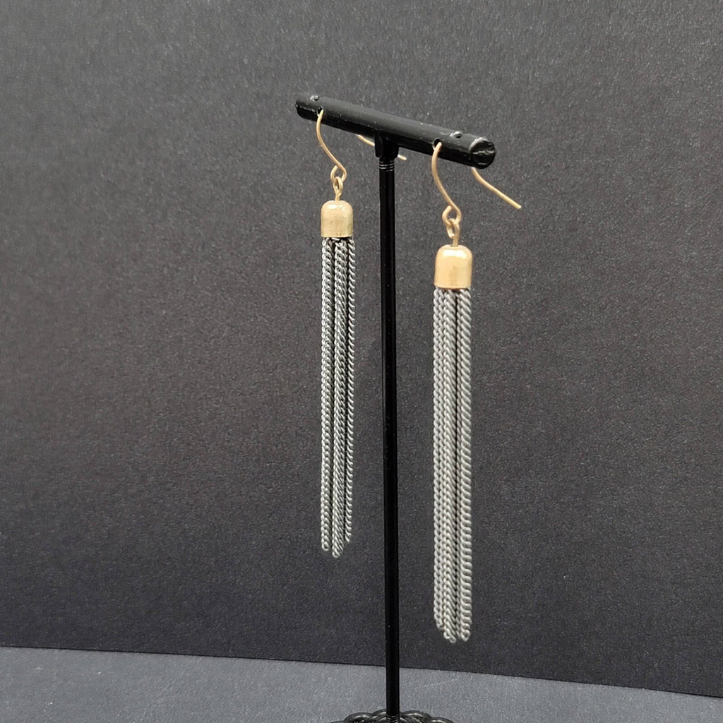 Pierced Earrings Gold tone Gray Multi Dangle Chains 2.75"