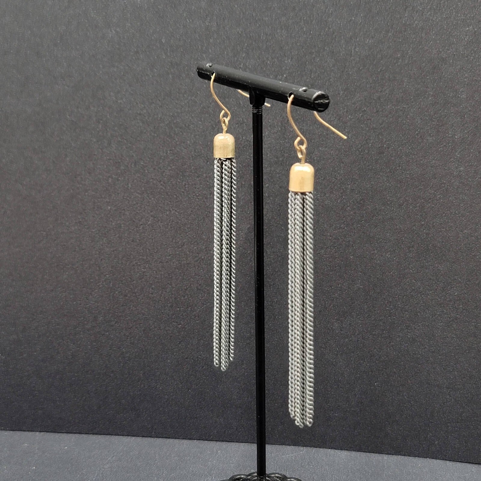 Pierced Earrings Gold tone Gray Multi Dangle Chains 2.75"