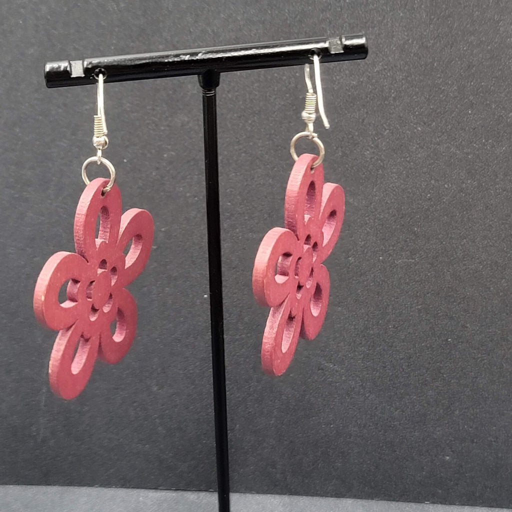 Flower Pierced Earrings Red Burgundy Laser Cut Wood Dangle 1.75"