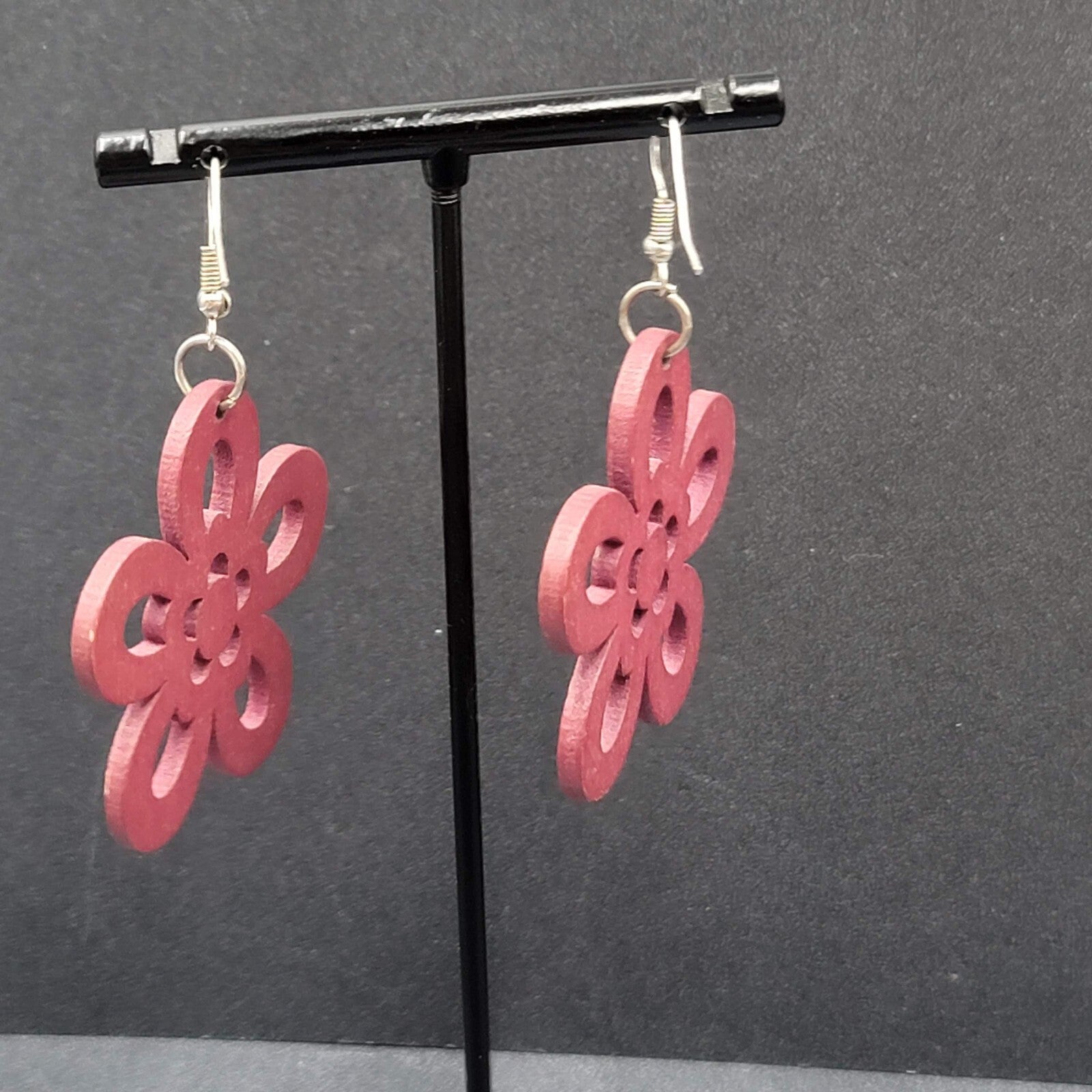 Flower Pierced Earrings Red Burgundy Laser Cut Wood Dangle 1.75"