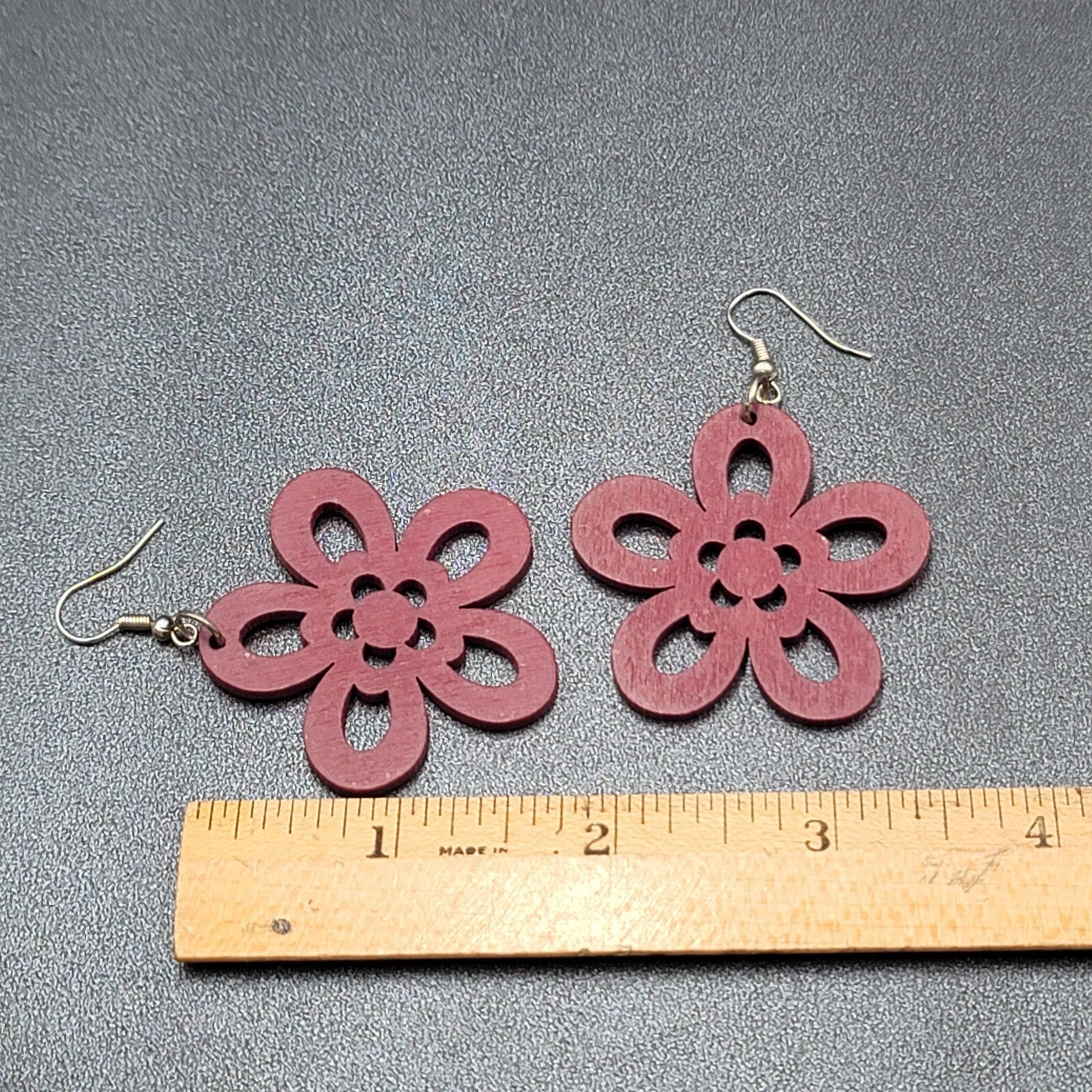 Flower Pierced Earrings Red Burgundy Laser Cut Wood Dangle 1.75"