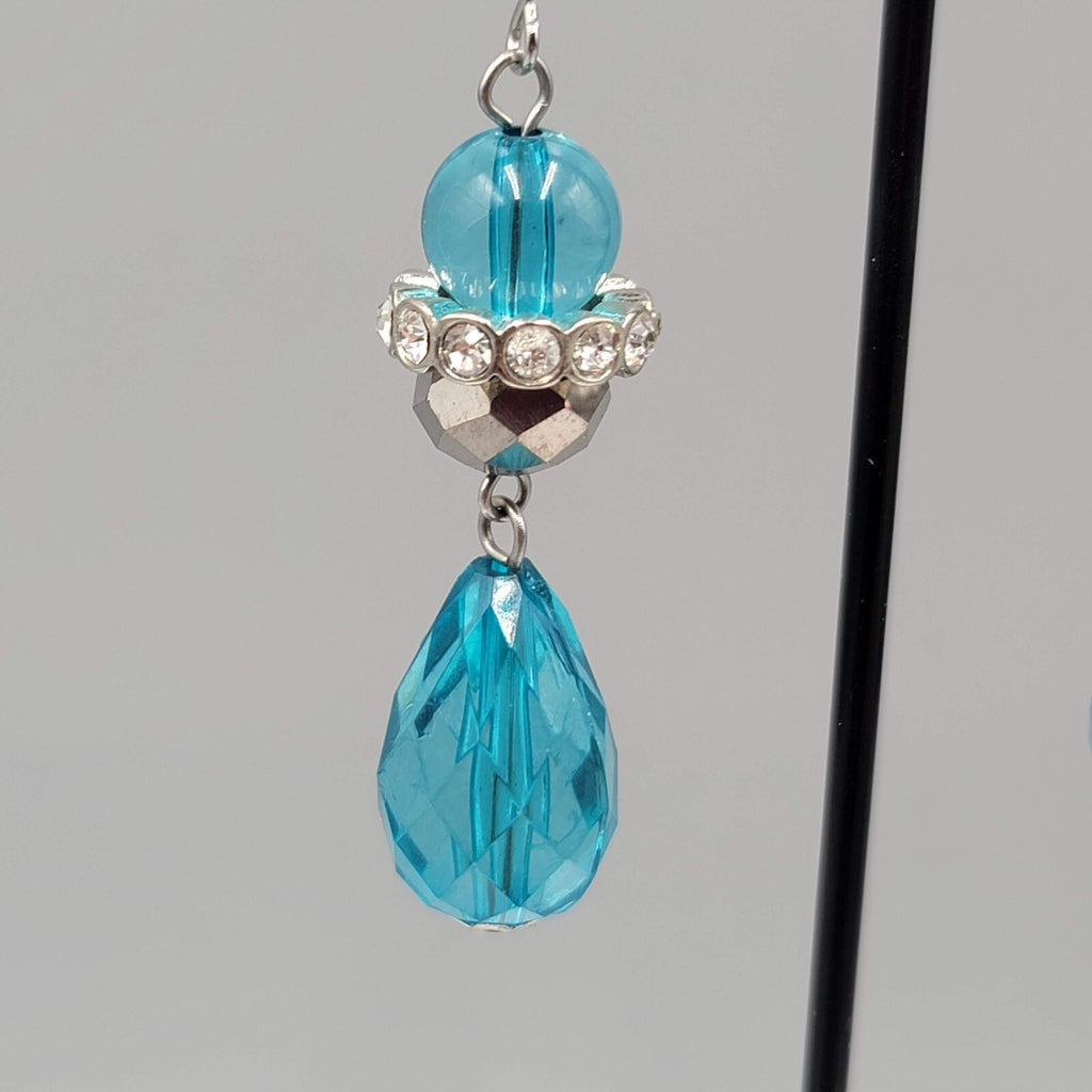 Pierced Earrings Silver tone Rhinestones Blue Faceted Acrylic Teardrop 1.75"