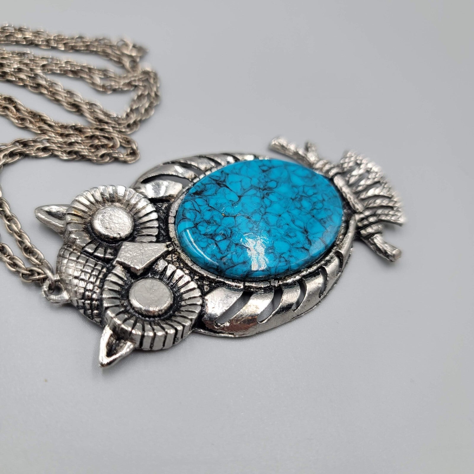 Vintage Owl Necklace Silver tone Blue Speckle Acrylic Large 3.5" Pendant 24" L