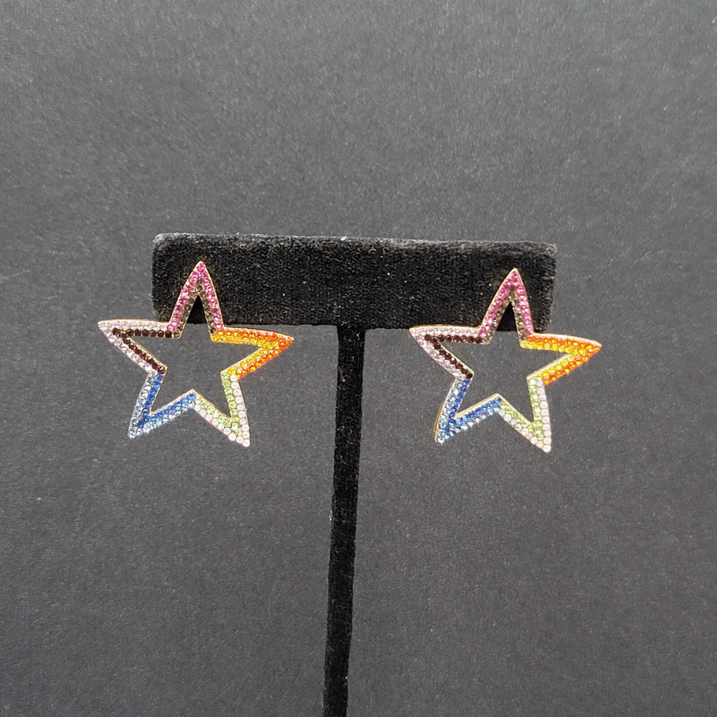 Open Star Pierced Earrings Multicolor Tiny Crystals Drop 1.25"