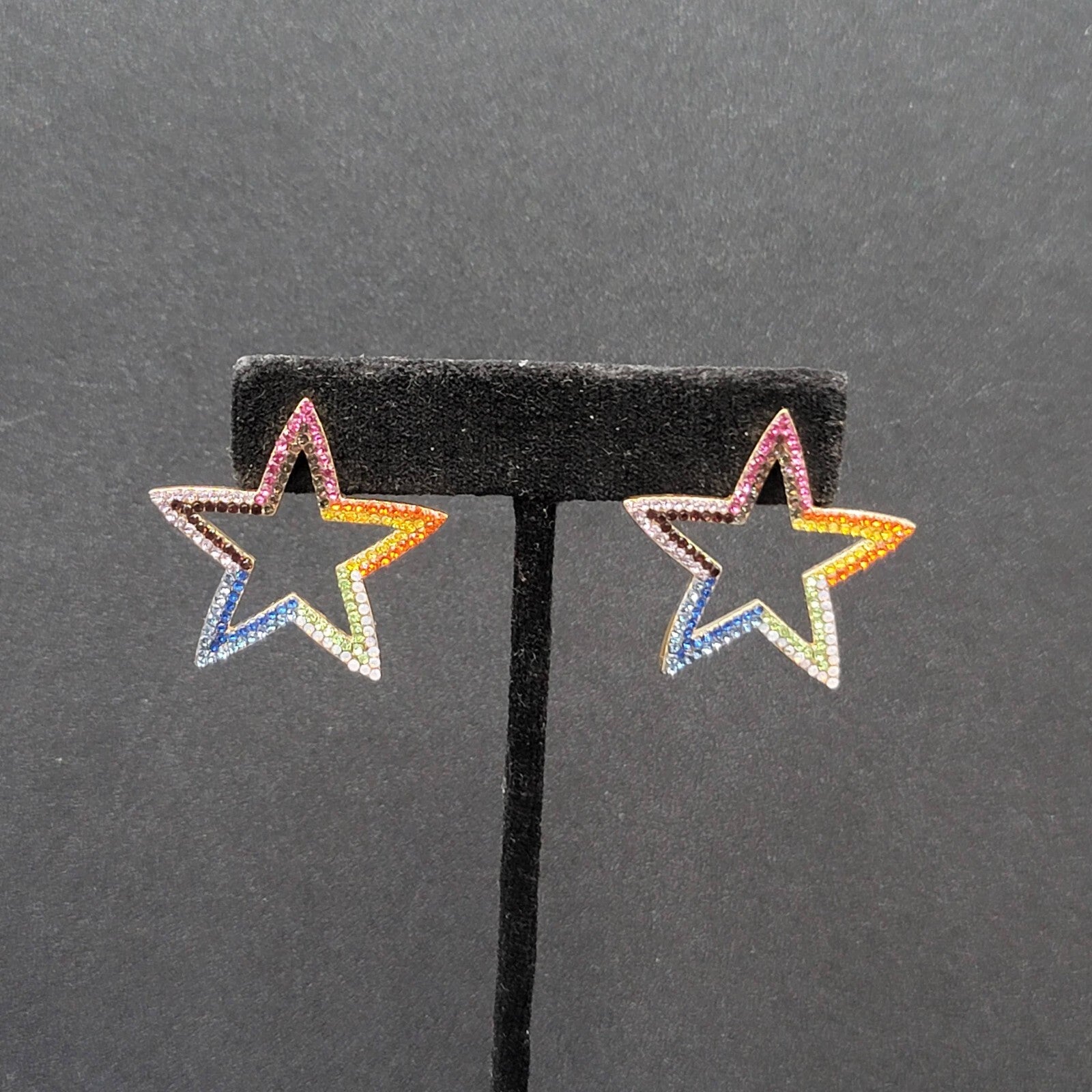 Open Star Pierced Earrings Multicolor Tiny Crystals Drop 1.25"