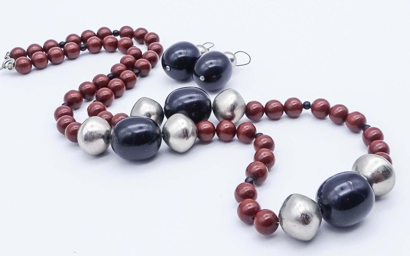 Vintage Long Beaded Necklace and Pierced Earrings Red Black Silver
