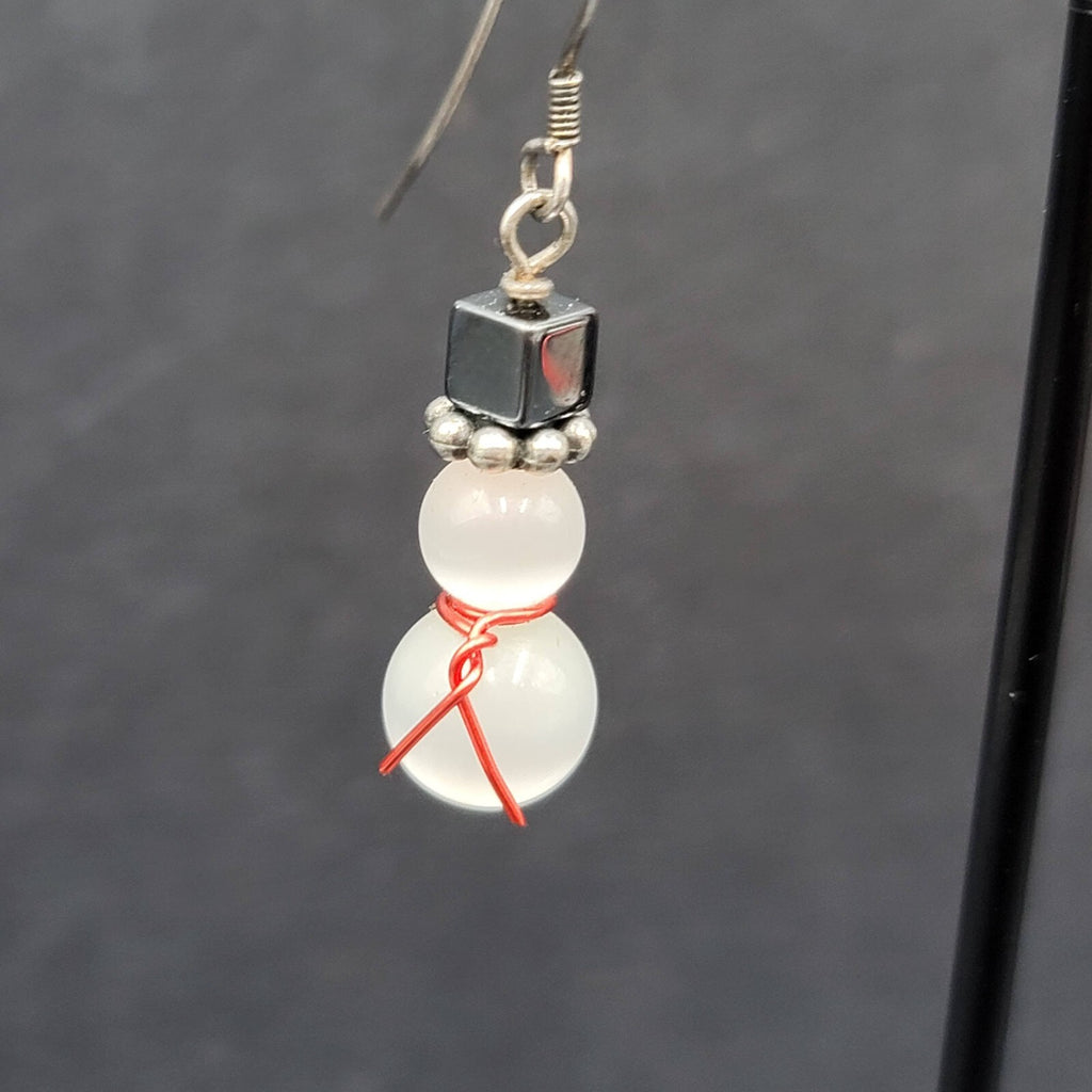 Snowman Pierced Earrings White Cats Eye Beads Hematite Hat Dangle 7/8"