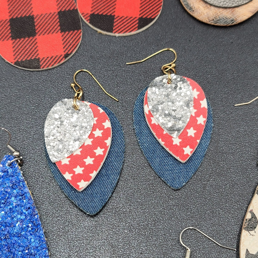 Lot of 9 Pierced Earrings Teardrop Dangle Multicolor Faux Leather Felt Denim