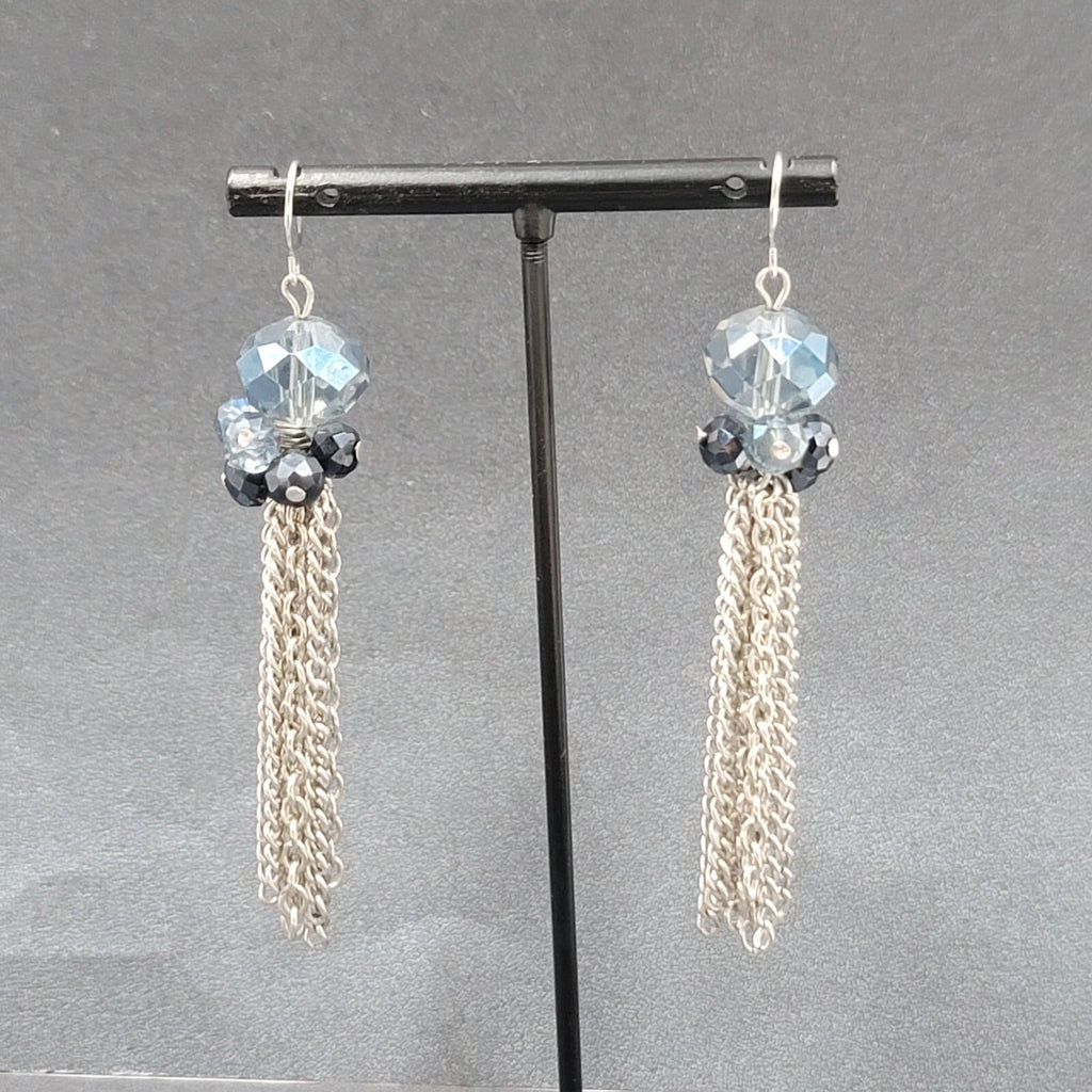 Pierced Earrings Silver tone Blue Faceted Glass Bead 3"