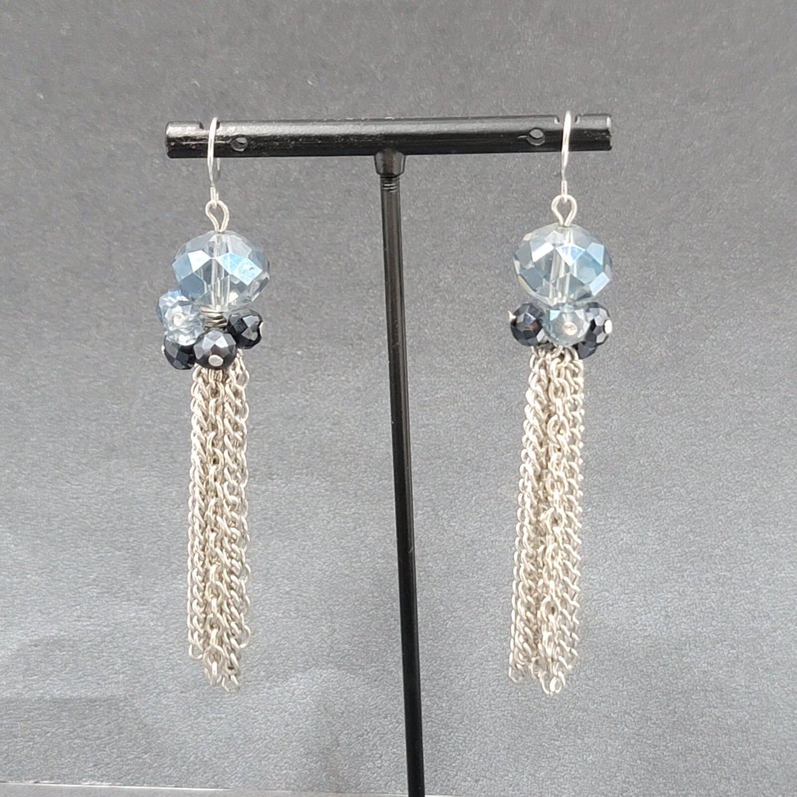 Pierced Earrings Silver tone Blue Faceted Glass Bead 3"