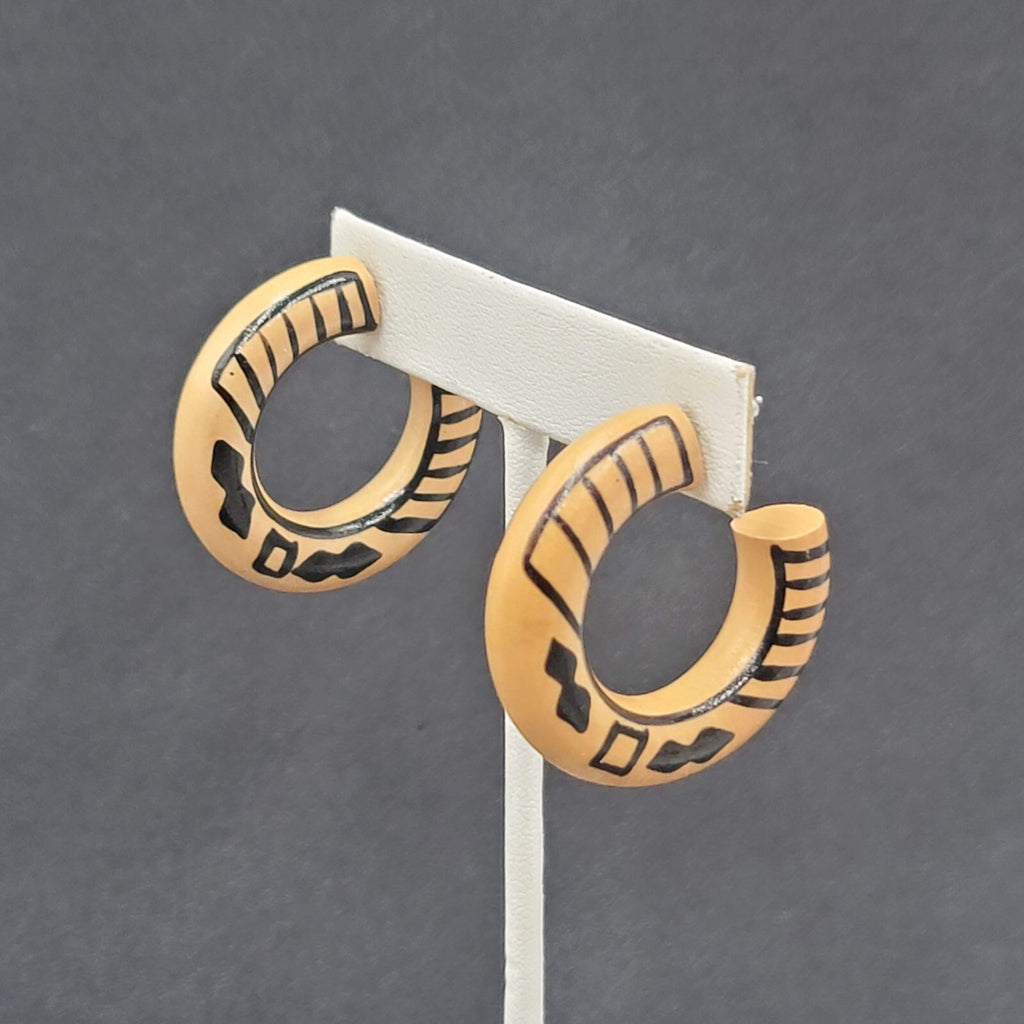 Vintage Pierced Earrings Wood Hoops Hand Painted Black 1 3/8"